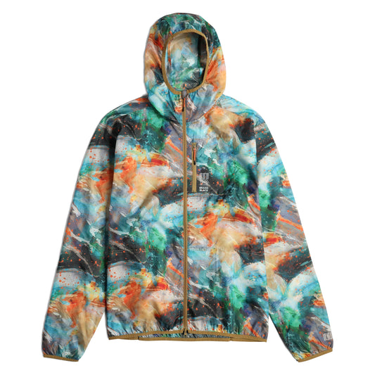 Front shot of Topo Designs x Brand Black Global Ultralight Packable Jacket in "Koi"