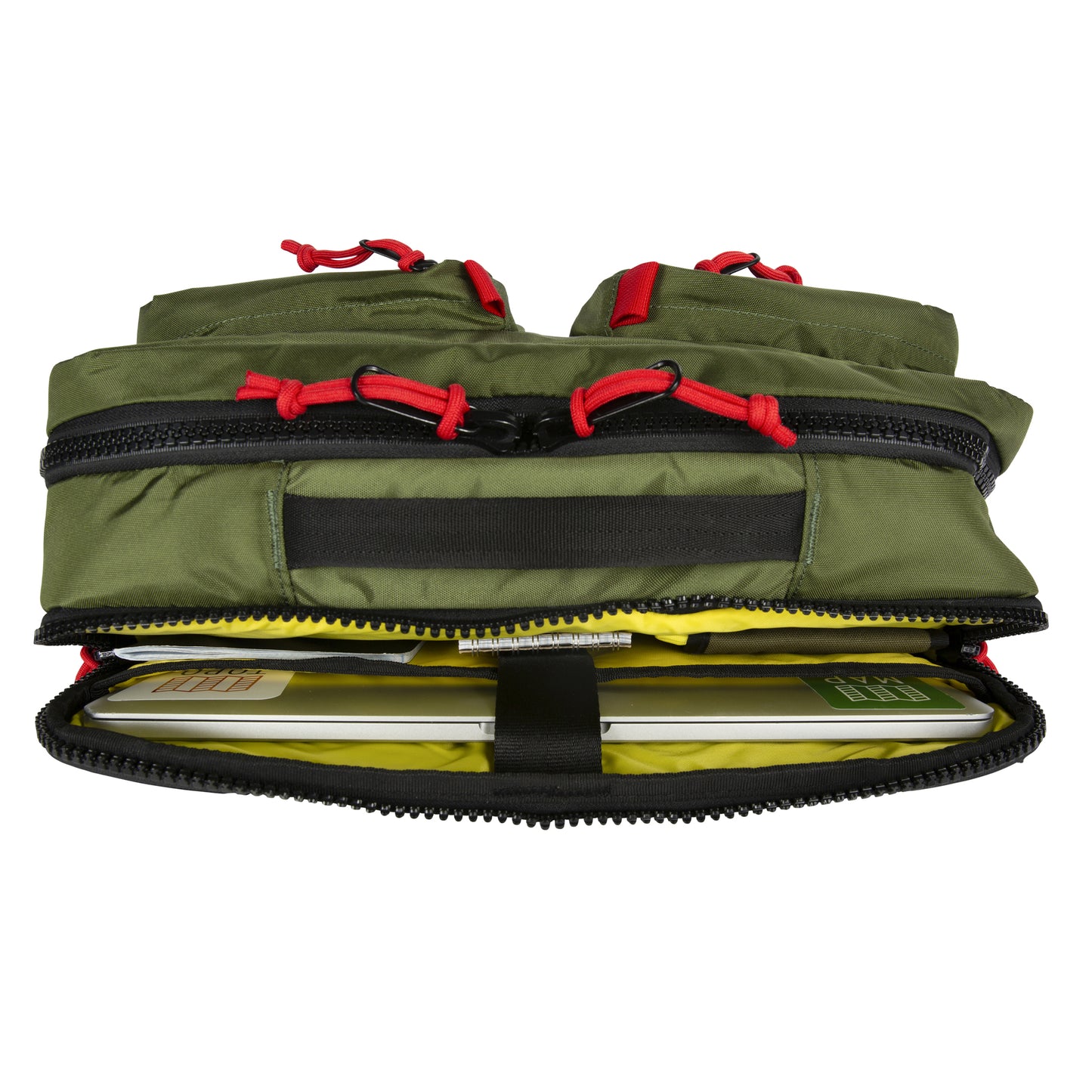 General detail product shot of the global briefcase showing the main compartment pockets.