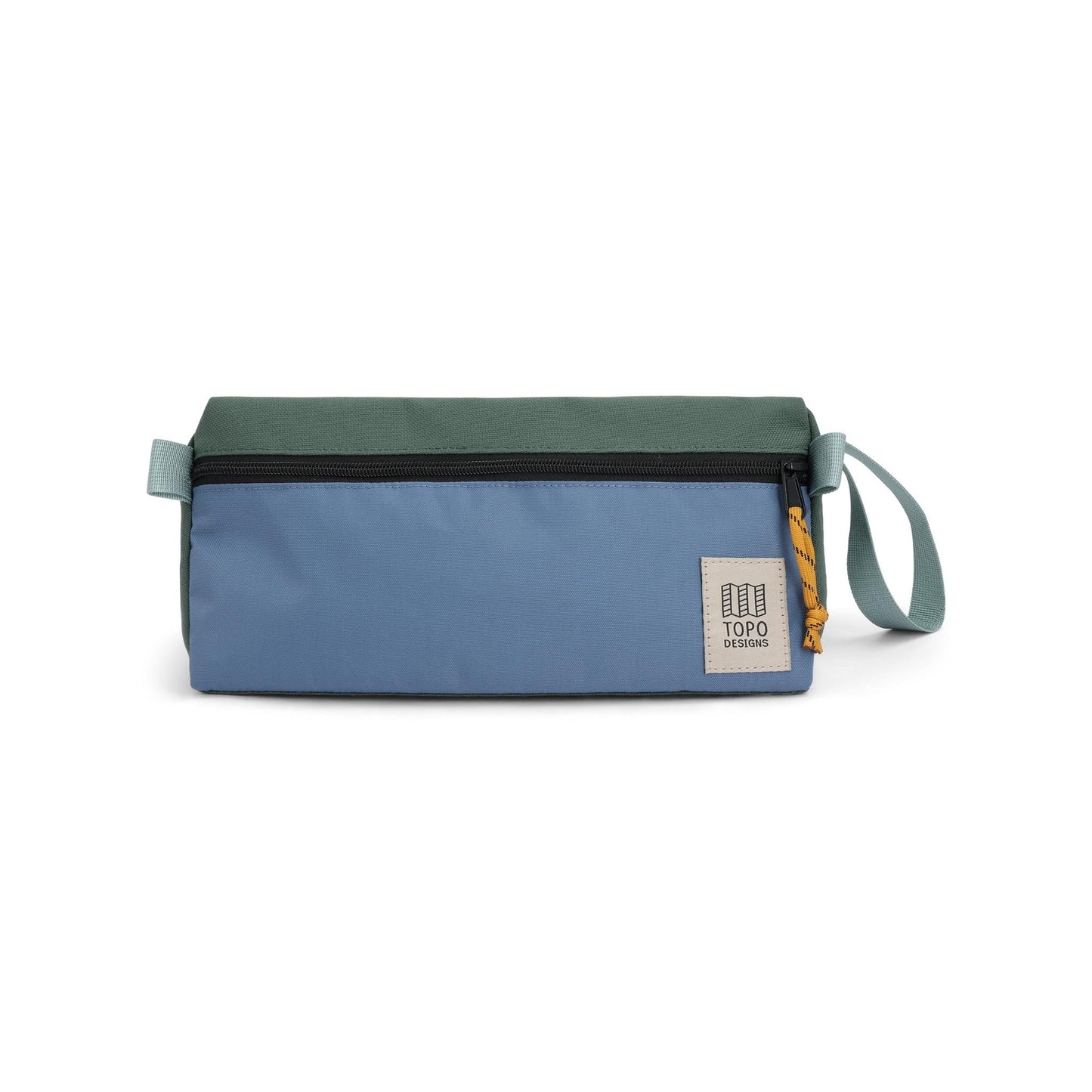 Front View of Topo Designs Dopp Kit in "Stone Blue / Forest"