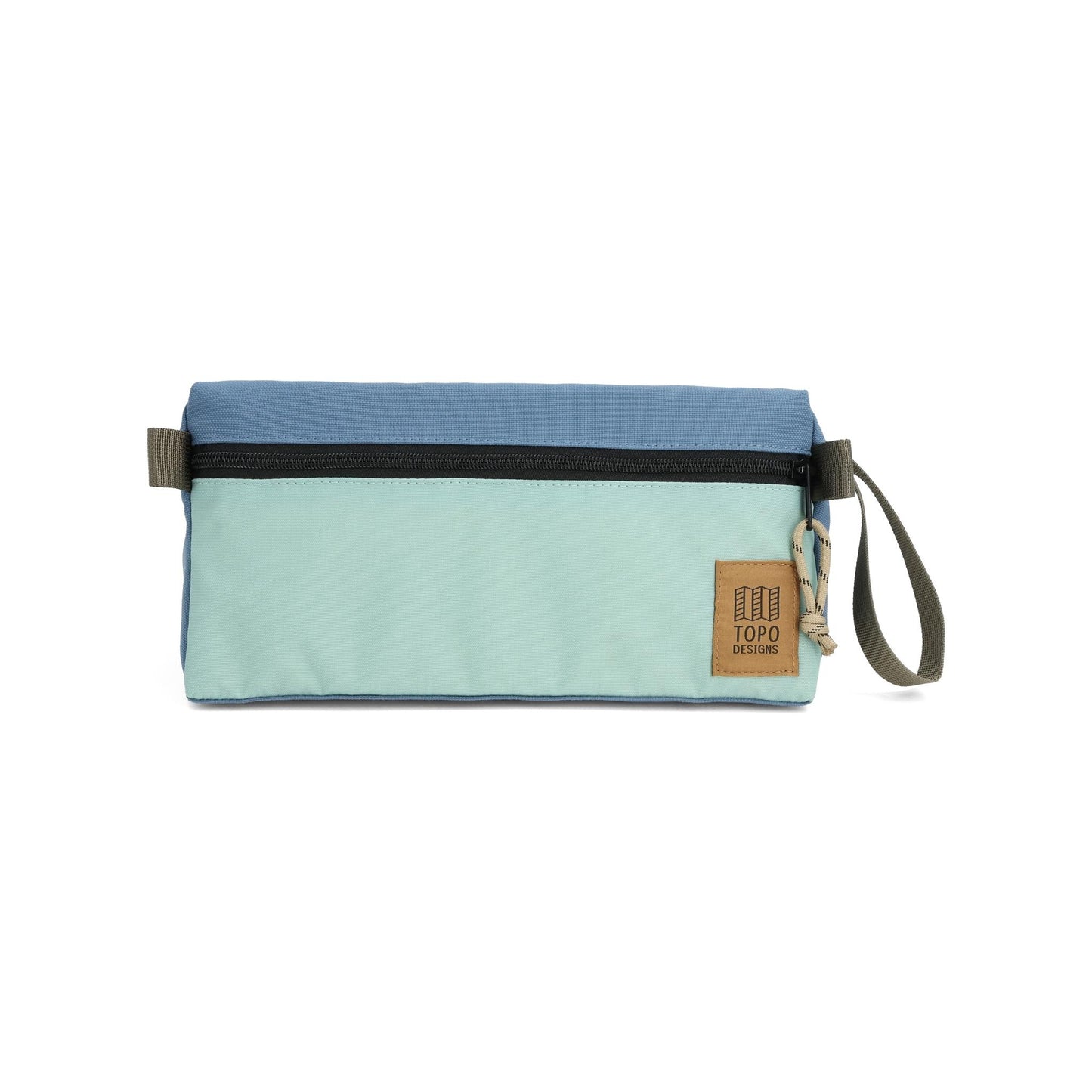 Front View of Topo Designs Dopp Kit in "Stone Blue / Ash Green"