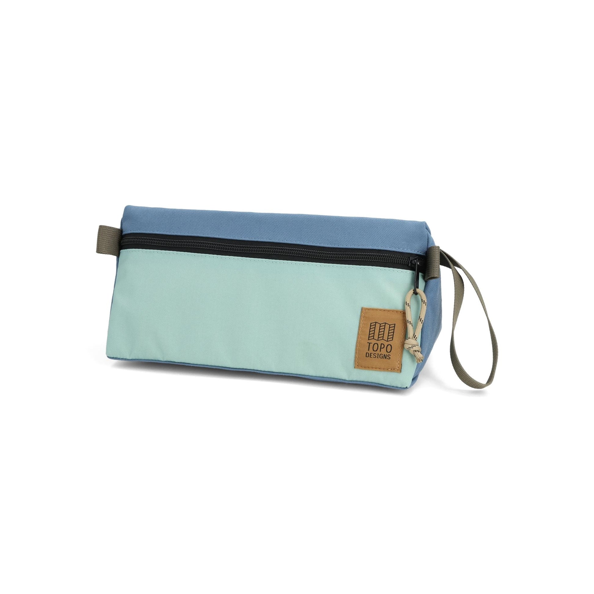 Front View of Topo Designs Dopp Kit in "Stone Blue / Ash Green"