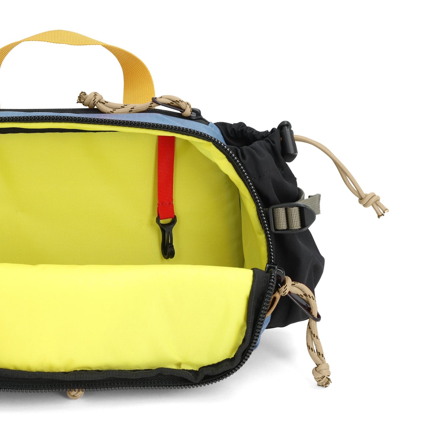 General Detail shot of Topo Designs Mountain Hydro Hip Pack in "Stone Blue / Bone White"
