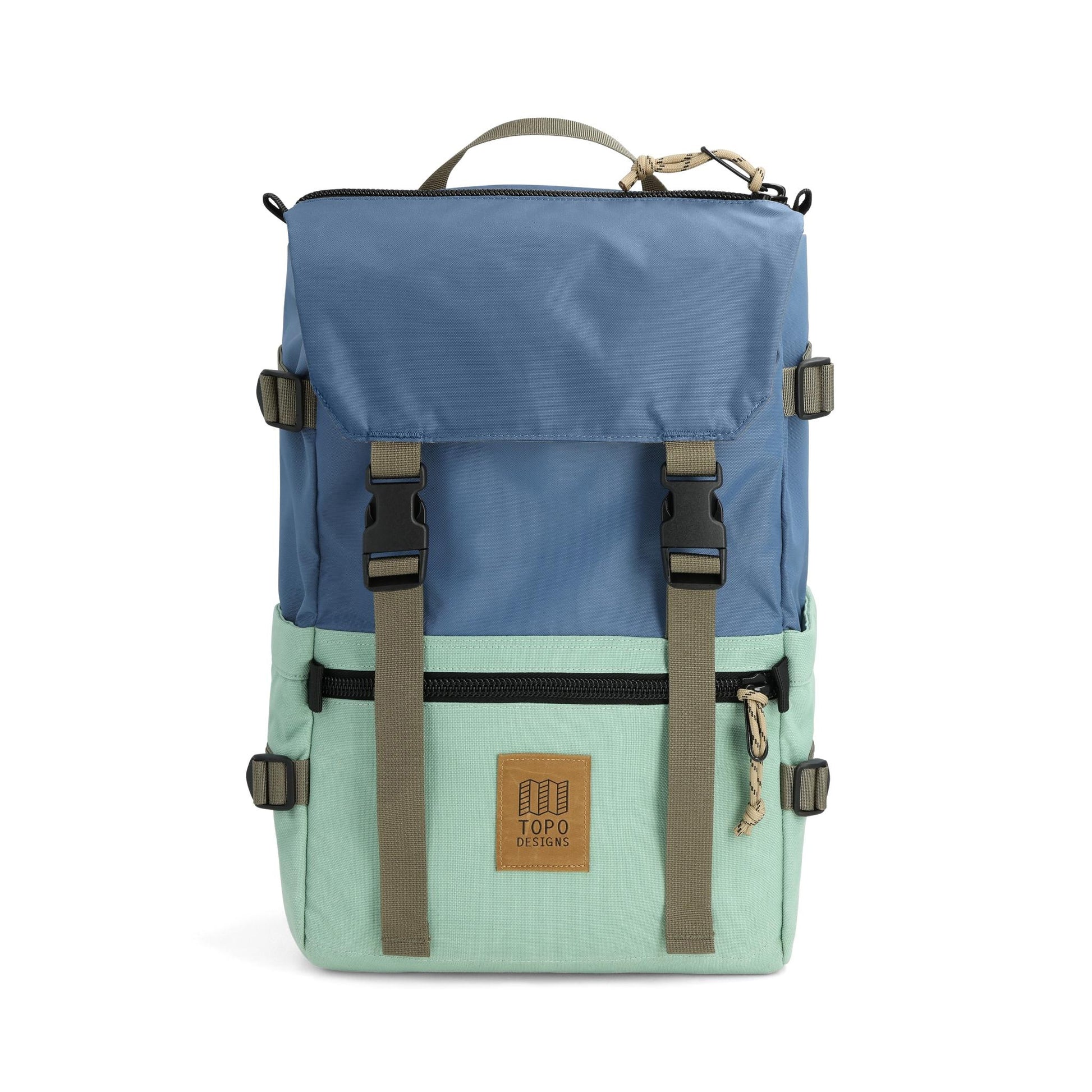 Front View of Topo Designs Rover Pack Classic in "Stone Blue / Ash Green"