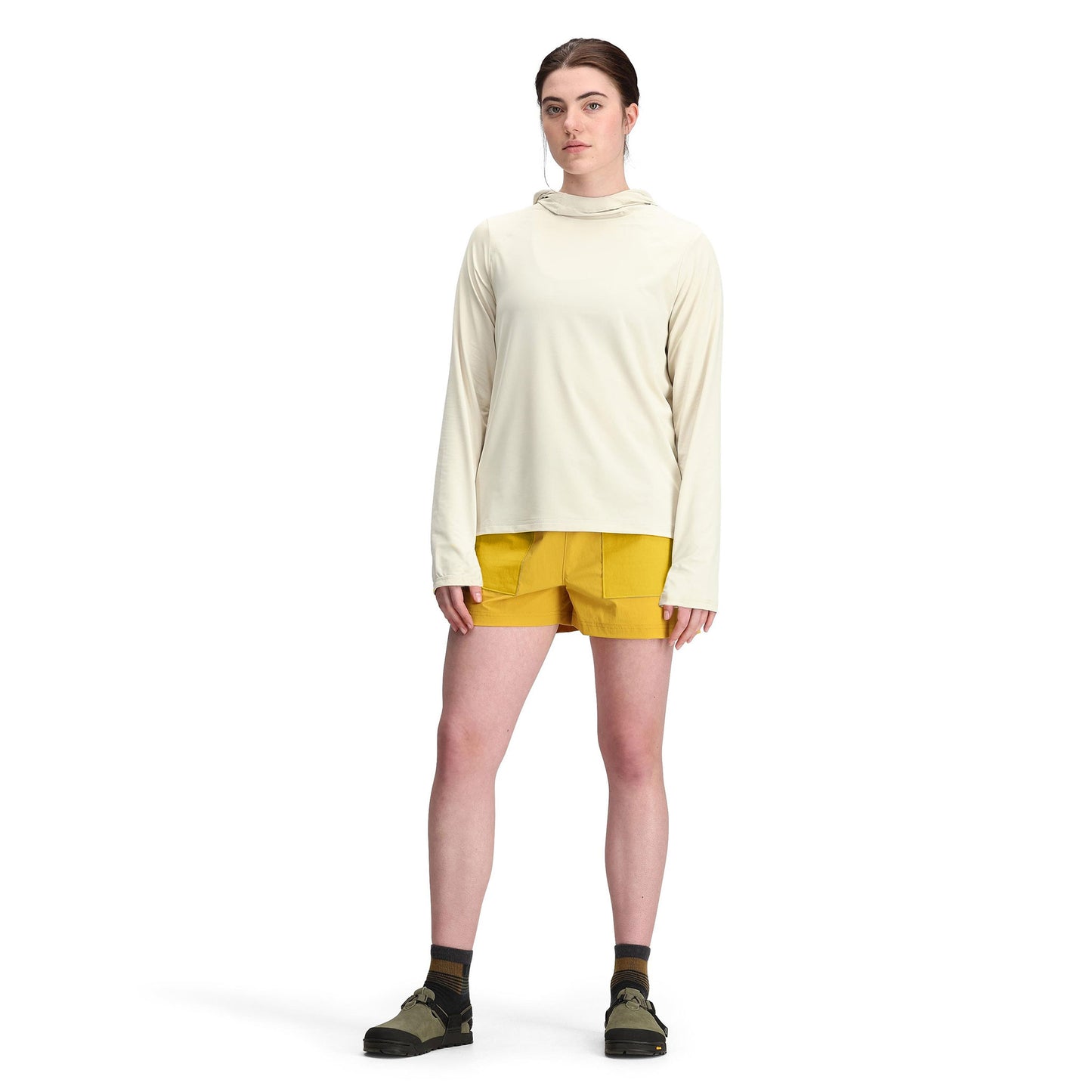 Front model shot of Topo Designs Sun Hoodie - Women's in "Bone White"