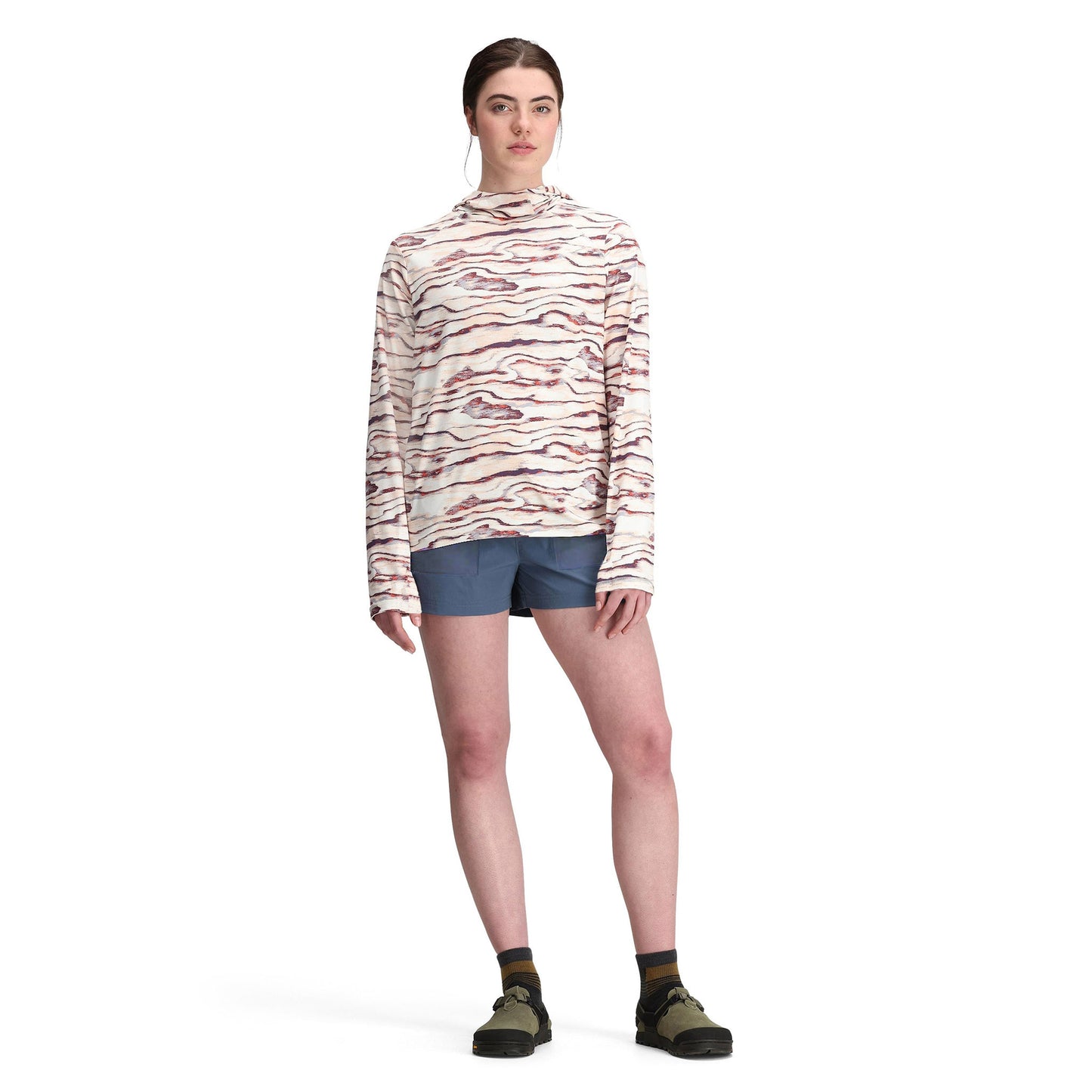General front model shot of Topo Designs Sun Hoodie - Women's in "Palisade Almond"